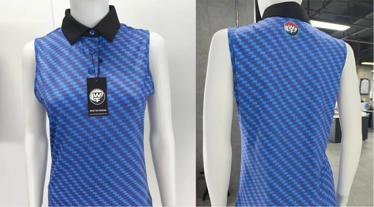 Womens USA250 Blue Sleeveless Polo