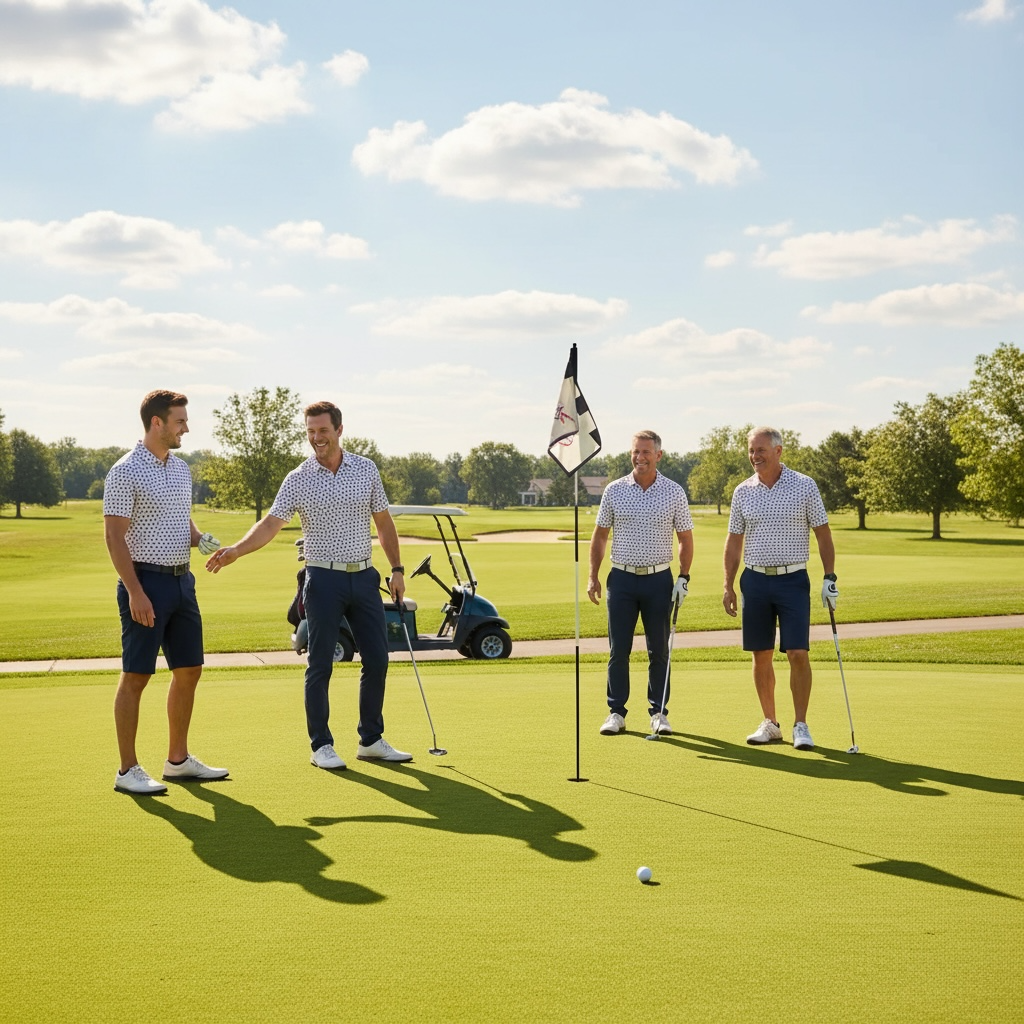 Four men playing golf on a sunny day with a golf cart in the background.