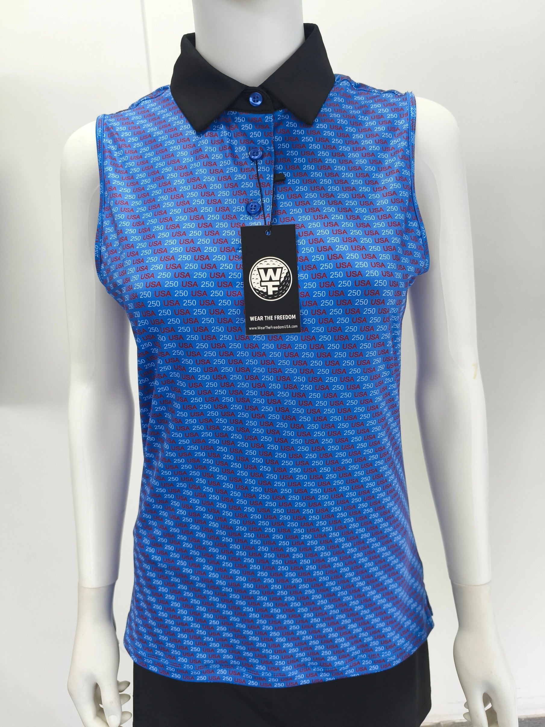 USA 240 Blue patterned Women’s sleeveless polo/golf shirt with black collar 
