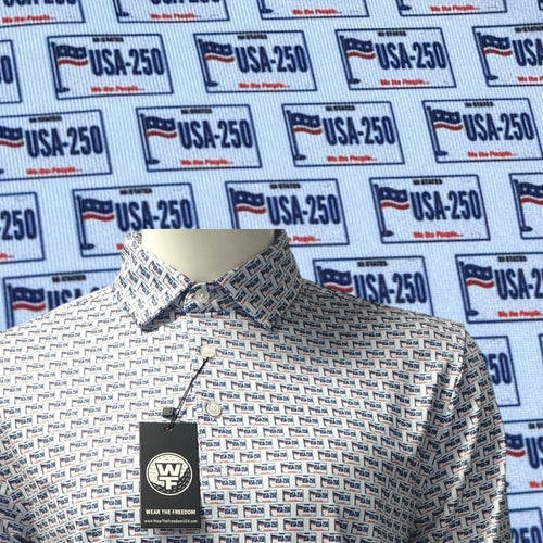 Mannequin wearing a USA250 patterned shirt with a small
license plates