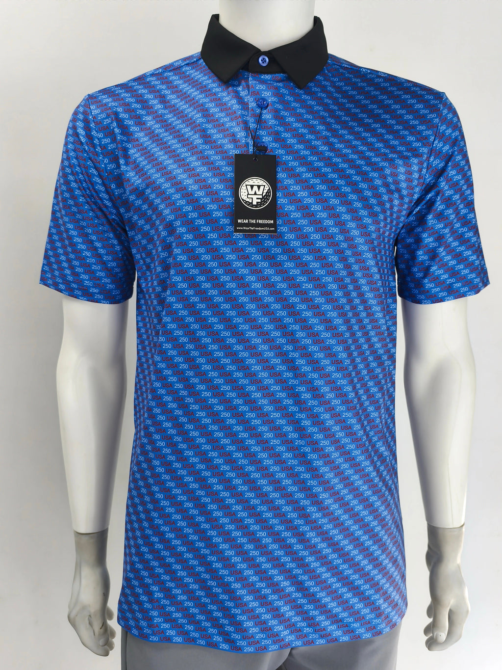 Beautiful Blue USA250 patterned polo shirt on a mannequin with a visible brand tag against a white background. Black Collar