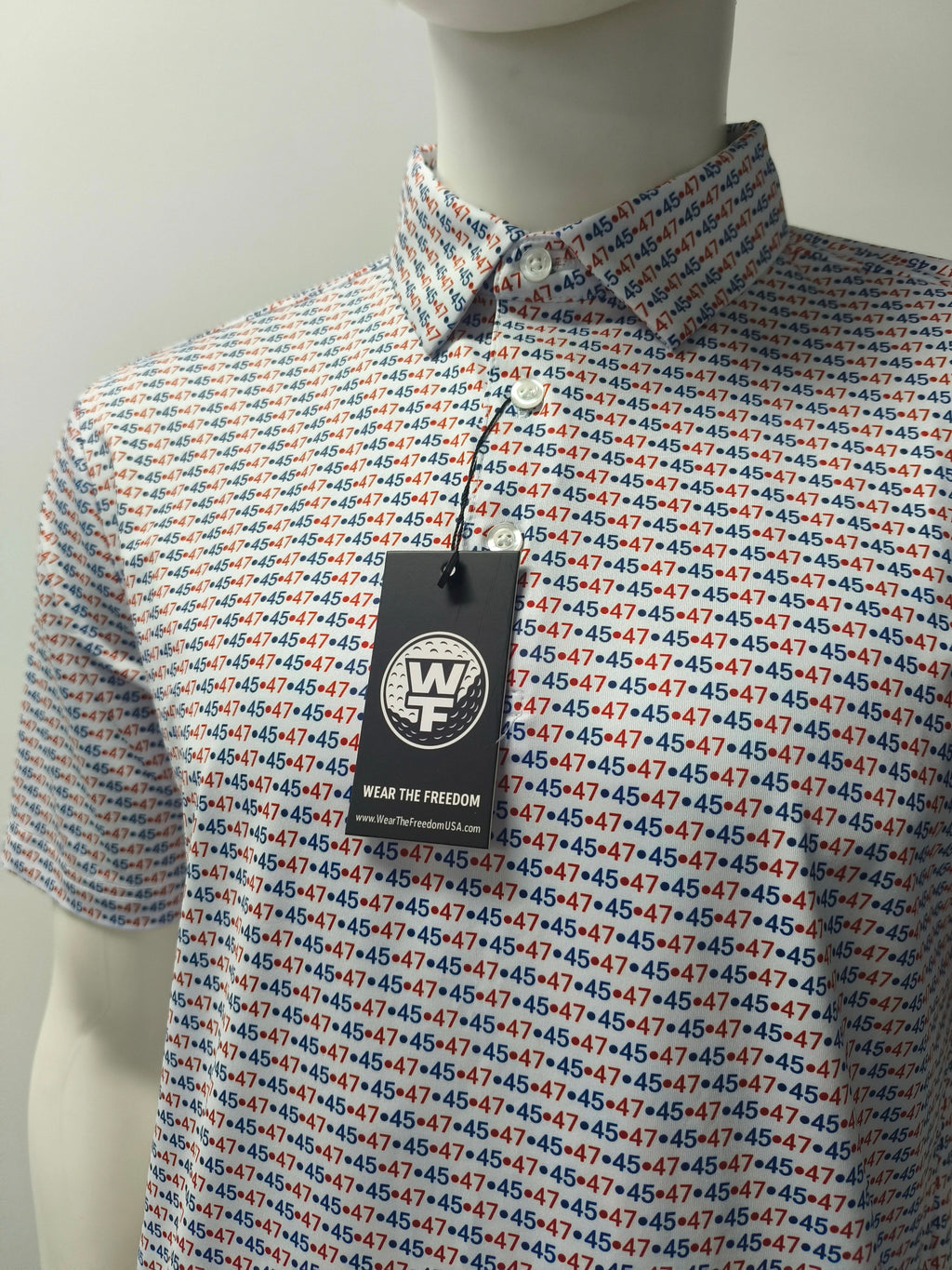 stylish 45/47 President Trump white shirt with Red and Blue numbering 
Wear the freedom logo on back neckline 