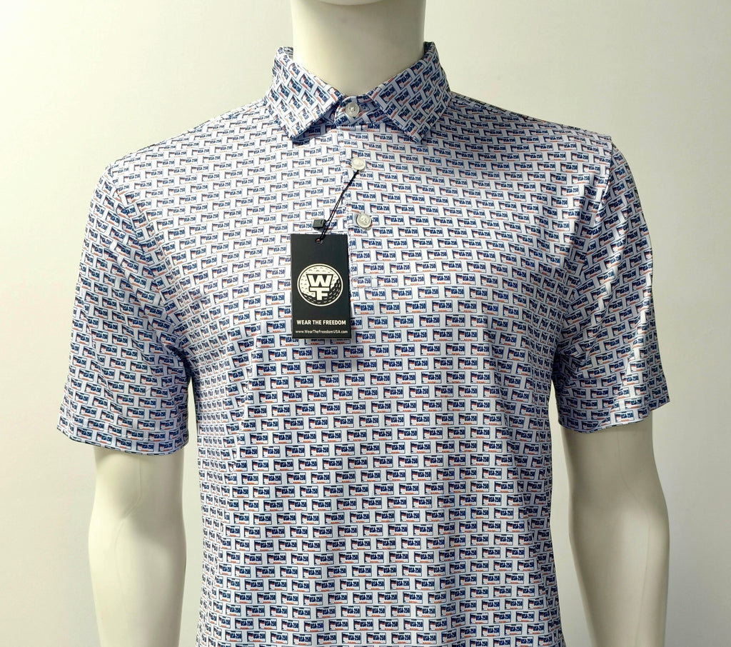 USA250 Patterned polo shirt white with License plates.  long Drive