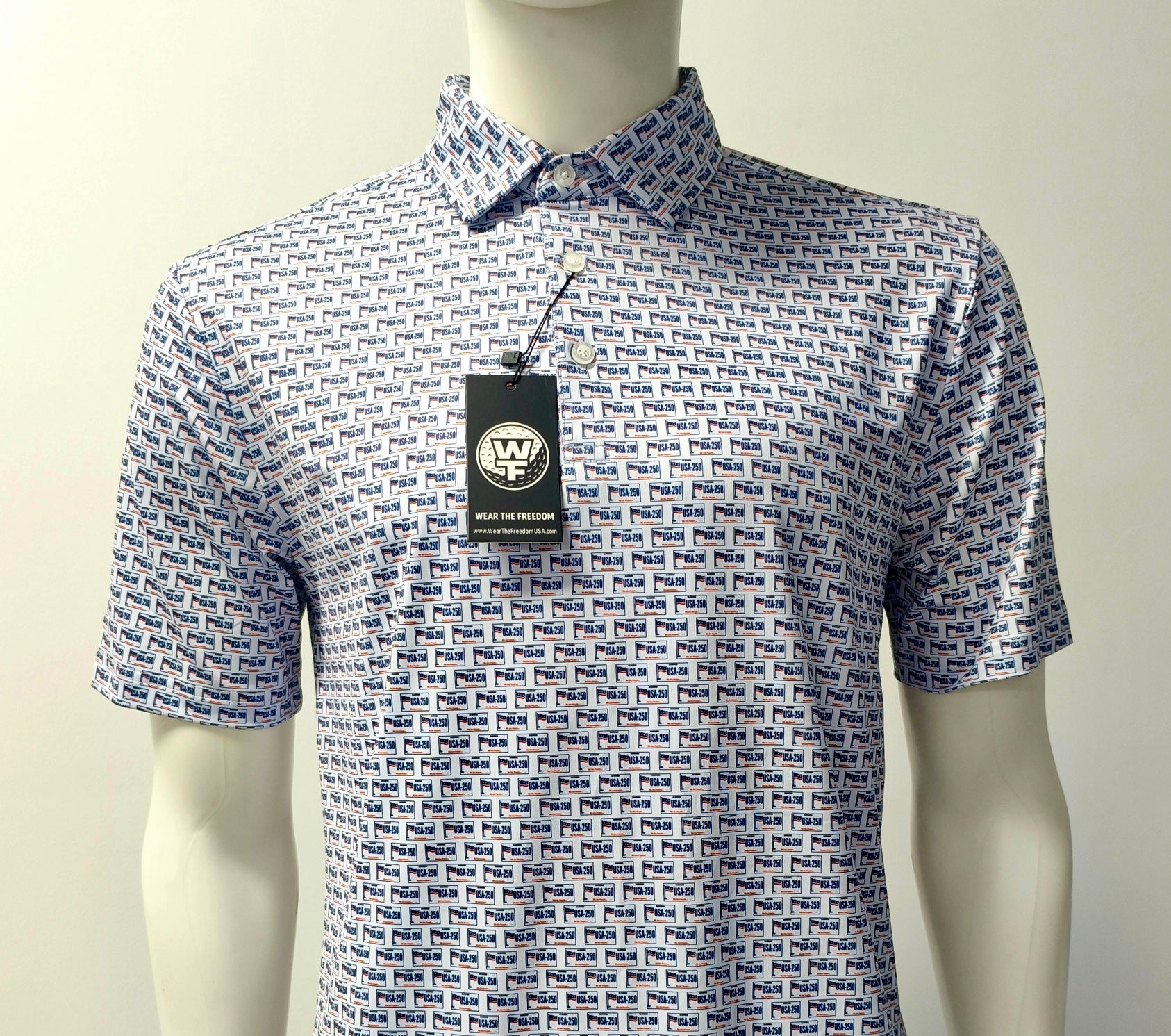 USA250 Patterned polo shirt white with License plates.  long Drive