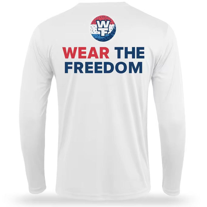 White long-sleeve shirt with 'Wear the Freedom' text and logo on the back against a white background