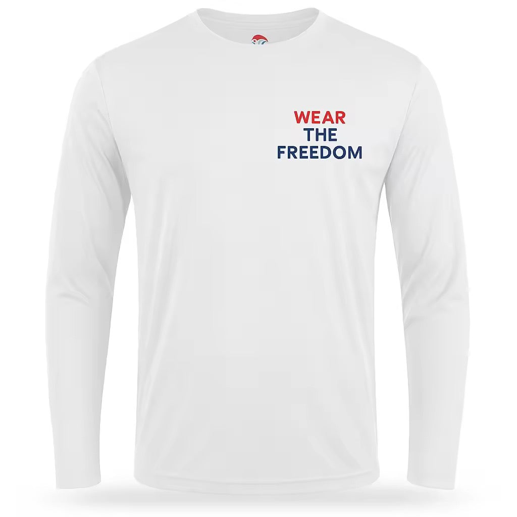White long-sleeve UV shirt with 'Wear the Freedom' logo and wording.  beach and swim shirt 