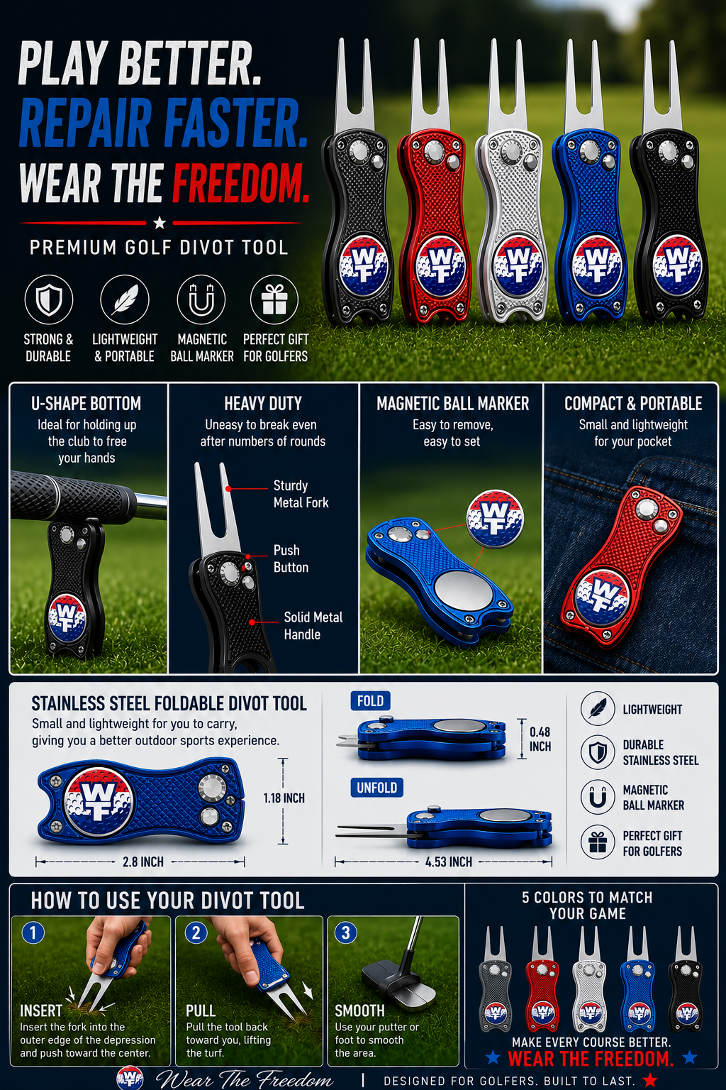WTF Golf Divot Tool with Magnetic Ball Marker | Wear The Freedom®